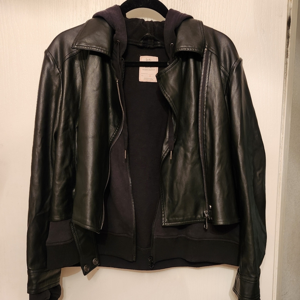 Free People We the Free Black Vegan Leather Jacket Layered with Hoodie in Size S